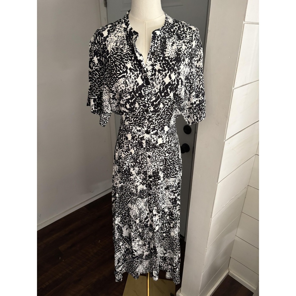 The Kit Dress Womens 6 Black White Cobie Shirt Midi Belted Geometric V Neck